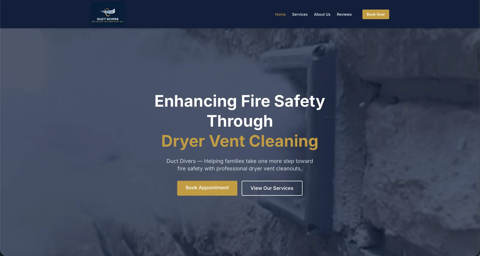 Duct Divers home page with the headline "Enhancing Fire Safety Through Dryer Vent Cleaning"