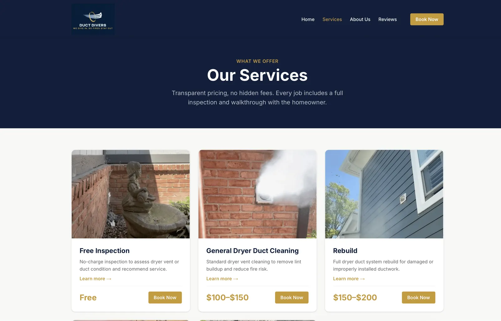 Services page listing a free inspection, dryer duct cleaning and rebuild, with prices and Book Now buttons