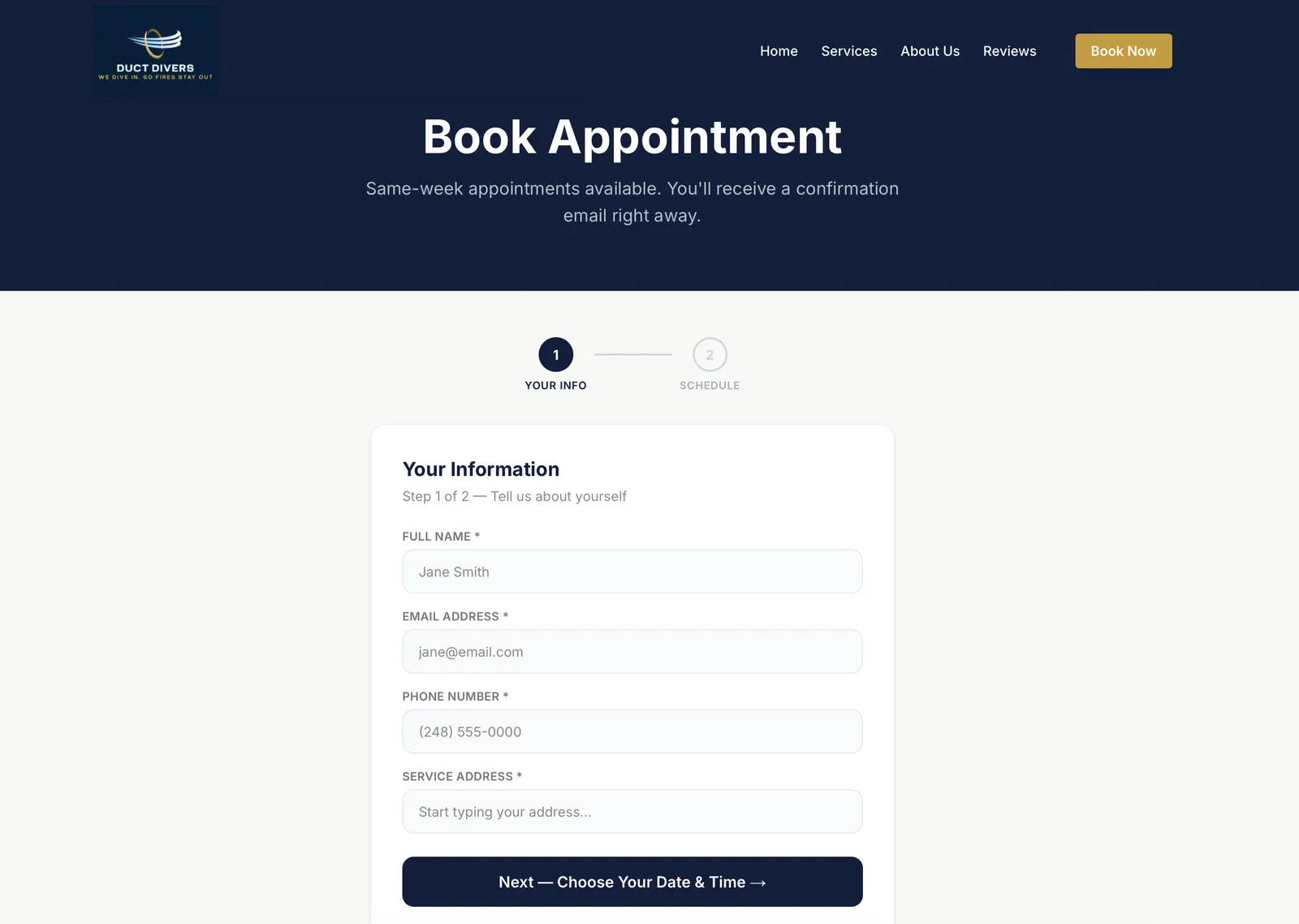 Step 1 of the two-step booking form: name, email, phone number and service address