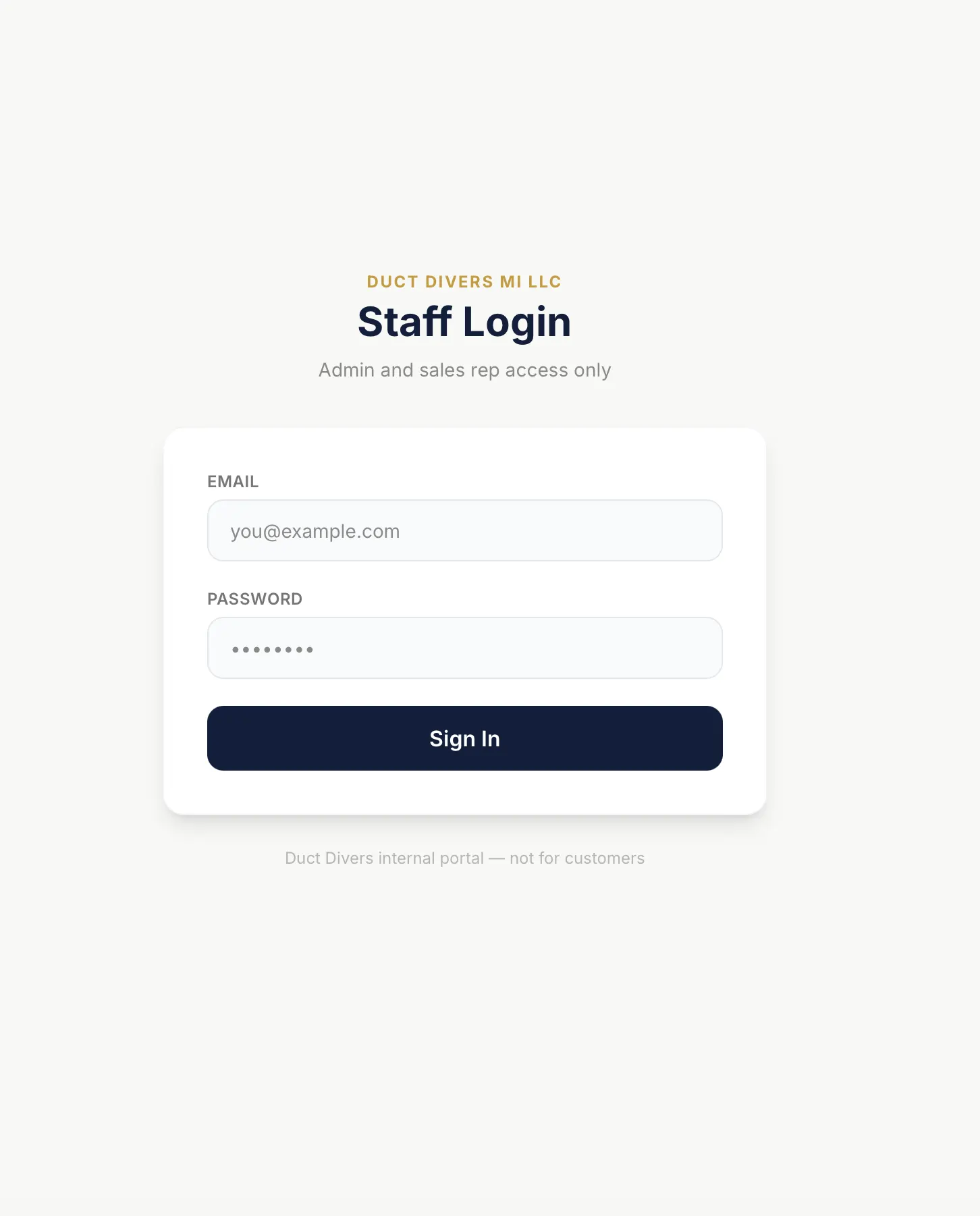 Staff login page for the admin panel and sales rep portal